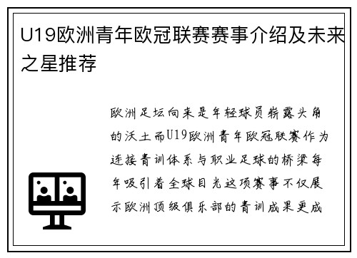 U19欧洲青年欧冠联赛赛事介绍及未来之星推荐